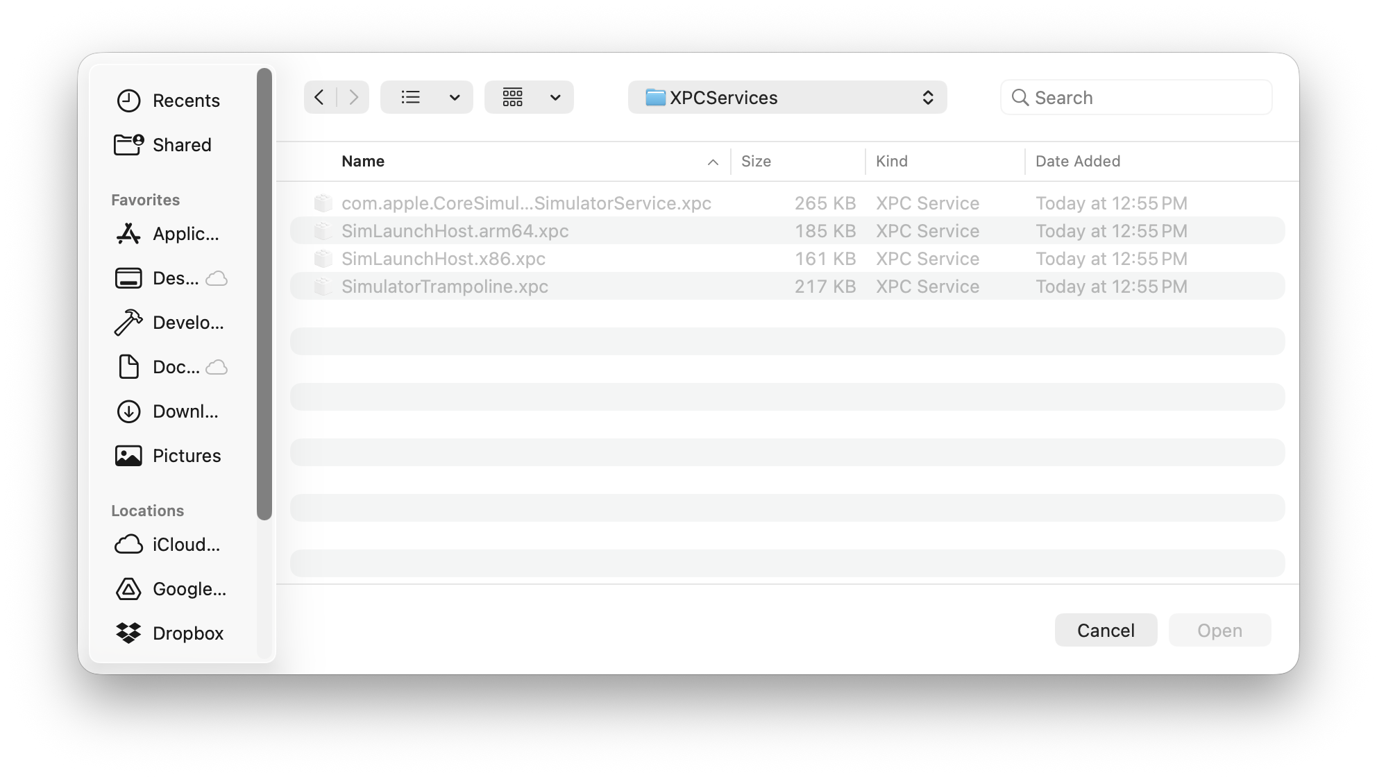 The Full Disk Access file picker dims .xpc bundles, making them unselectable