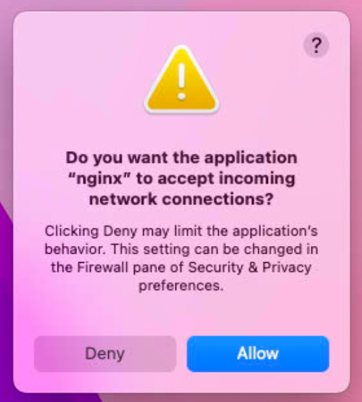 macOS security dialog asking to allow nginx incoming network connections