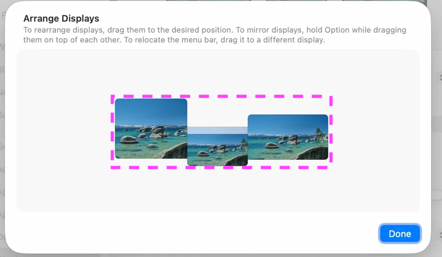 macOS Display Arrangement for the MacBook Air showing the LG PbP half offset higher than the Samsung