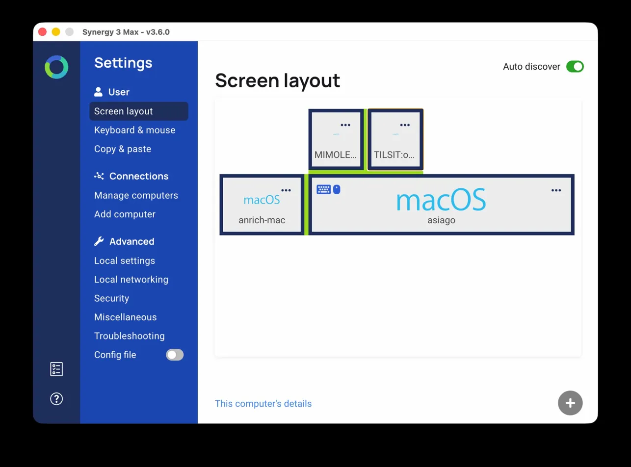 Synergy screen layout with servers repositioned above the LG PbP — the working configuration