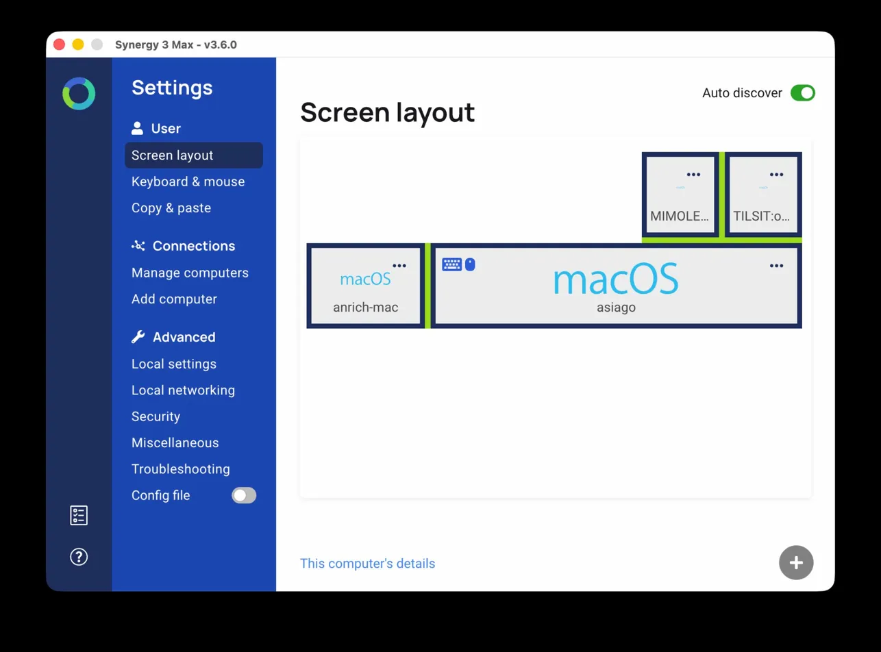 Synergy screen layout with servers positioned above the Samsung — the broken configuration