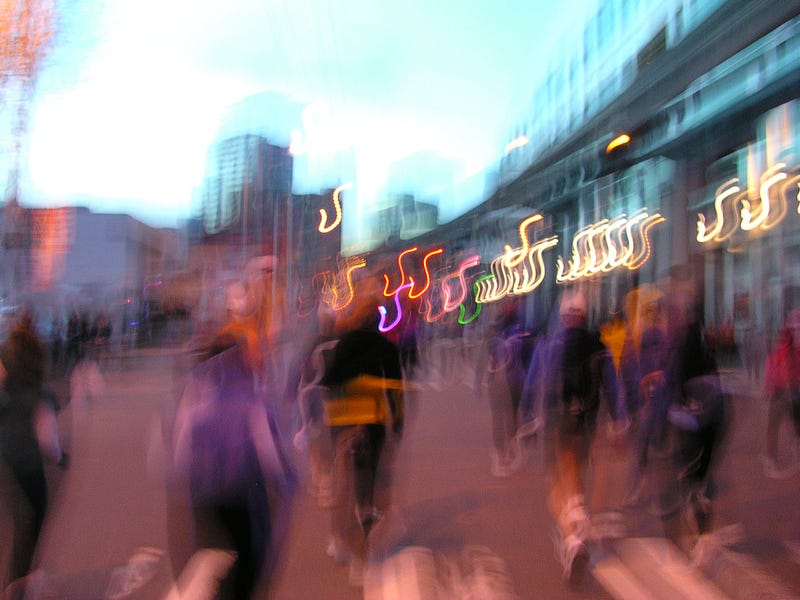 Psychedelic marathon start line with runners